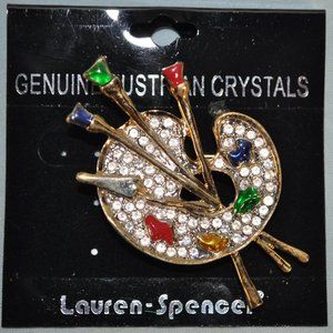 paint pallet & brushes rhinestone brooch pin lauren spencer austrian crystal NWT